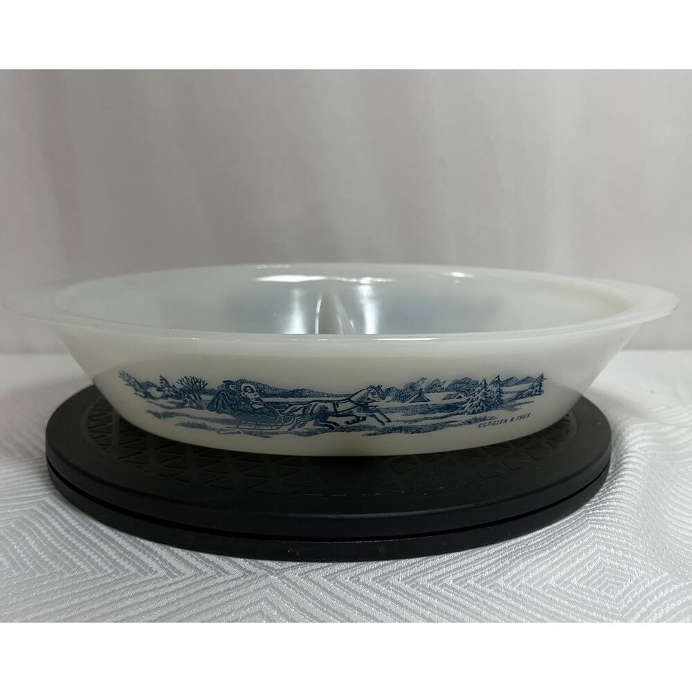 Oval Divided Open Ovenware Casserole Currier & Ives Blue Royal GLASBAKE J2352